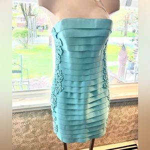 Sherri Hill- Aqua Blue Dress with Floral Lace sides. Size 6.